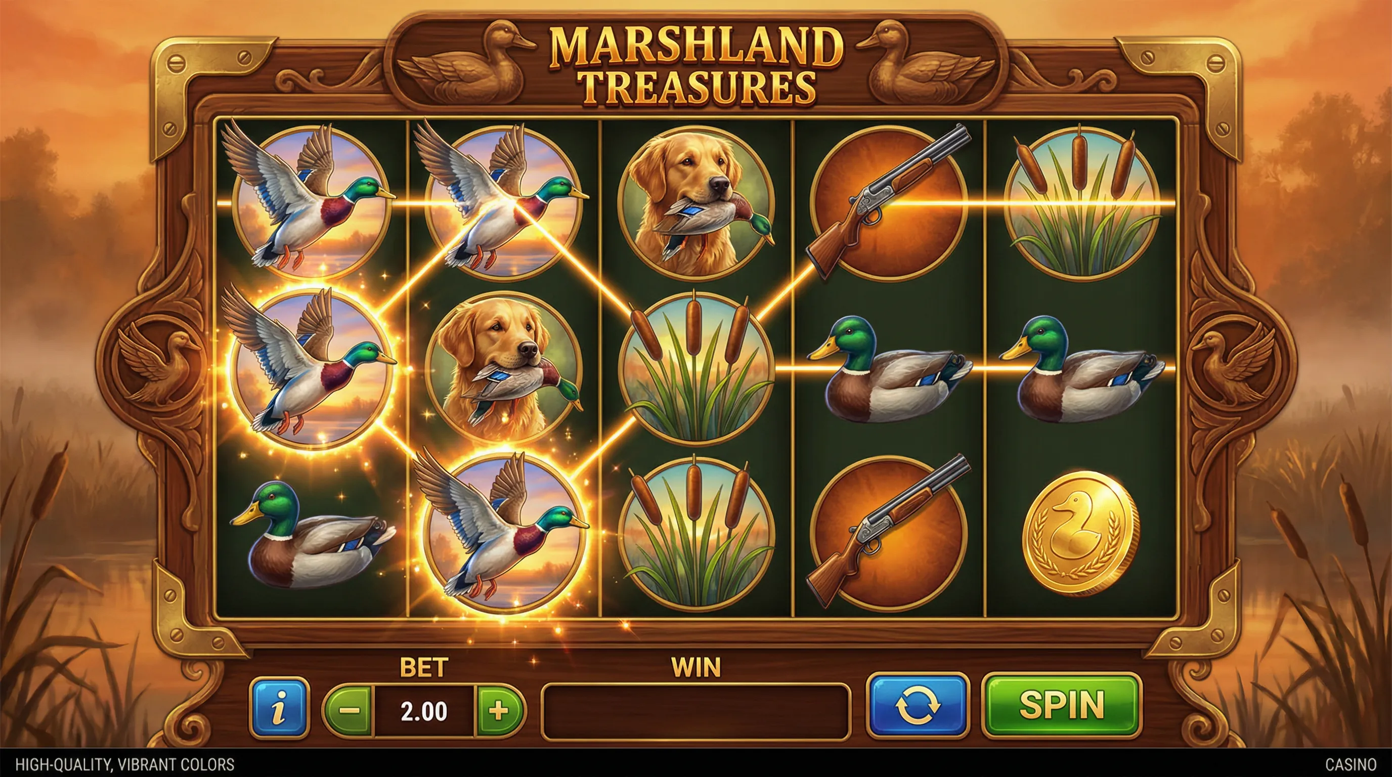 Caça-níqueis Duck Hunters com símbolos de patos e natureza